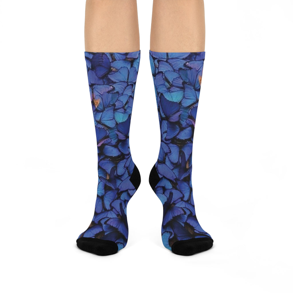 Blue Hydrangea Pattern Cushioned Crew Socks — Floral Crew Socks with Comfort Cushioning