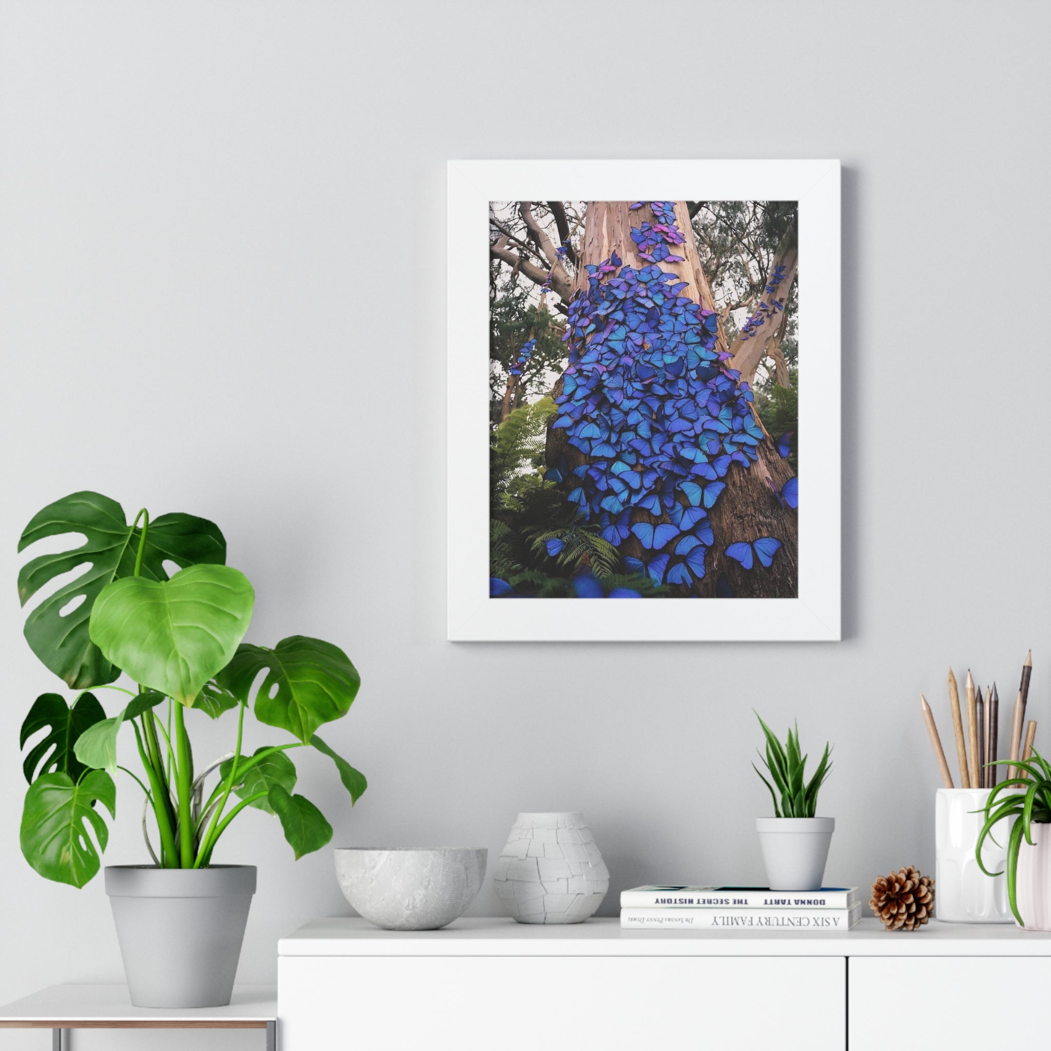 Framed Vertical Poster — Blue Butterfly Tree Nature Wall Art