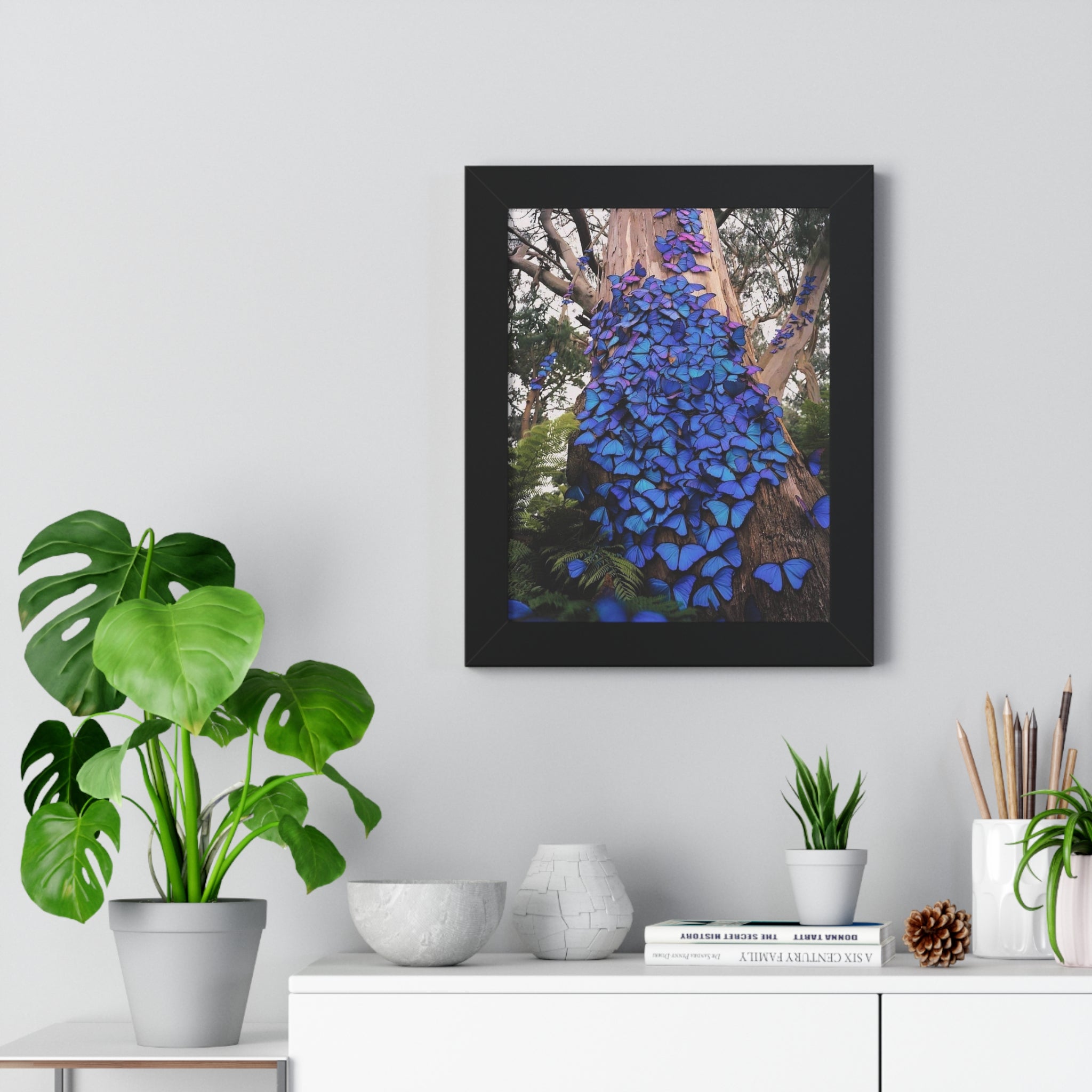Framed Vertical Poster — Blue Butterfly Tree Nature Wall Art