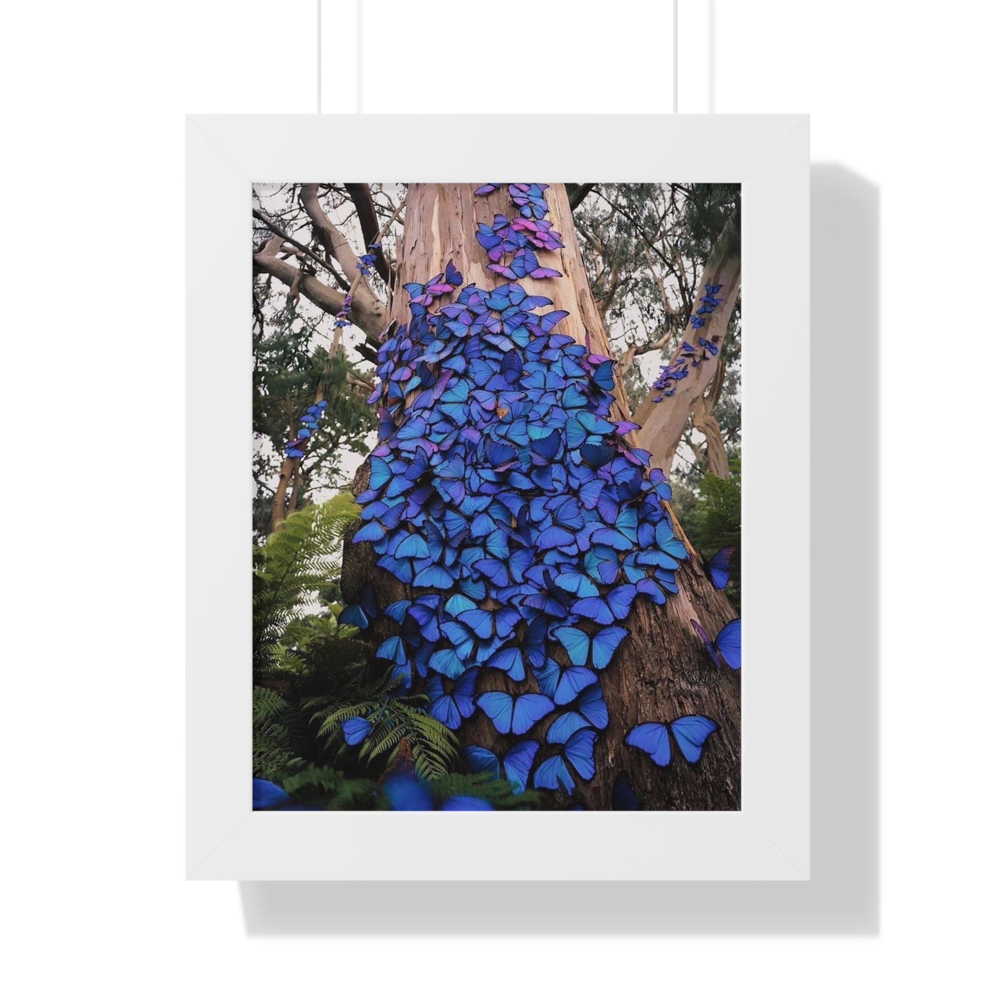 Framed Vertical Poster — Blue Butterfly Tree Nature Wall Art