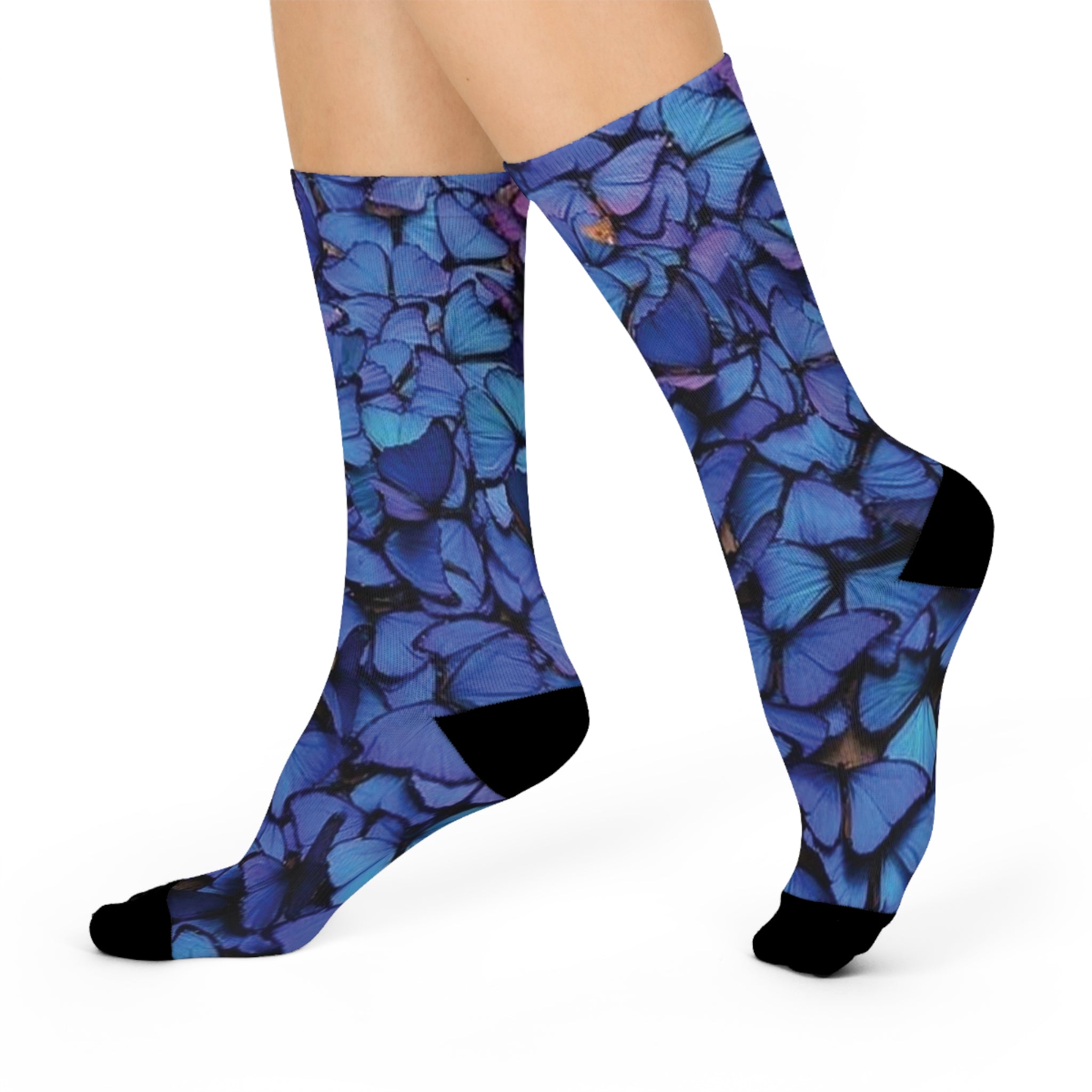 Blue Hydrangea Pattern Cushioned Crew Socks — Floral Crew Socks with Comfort Cushioning