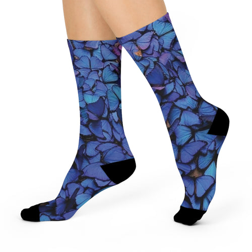 Blue Hydrangea Pattern Cushioned Crew Socks — Floral Crew Socks with Comfort Cushioning